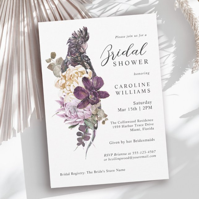Invitación Ducha nupcial de loro púrpura tropical Boho (Available in printed and instant download digital formats.)