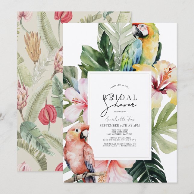 Invitación Ducha nupcial de loro tropical floral y botánico (Anverso / Reverso)