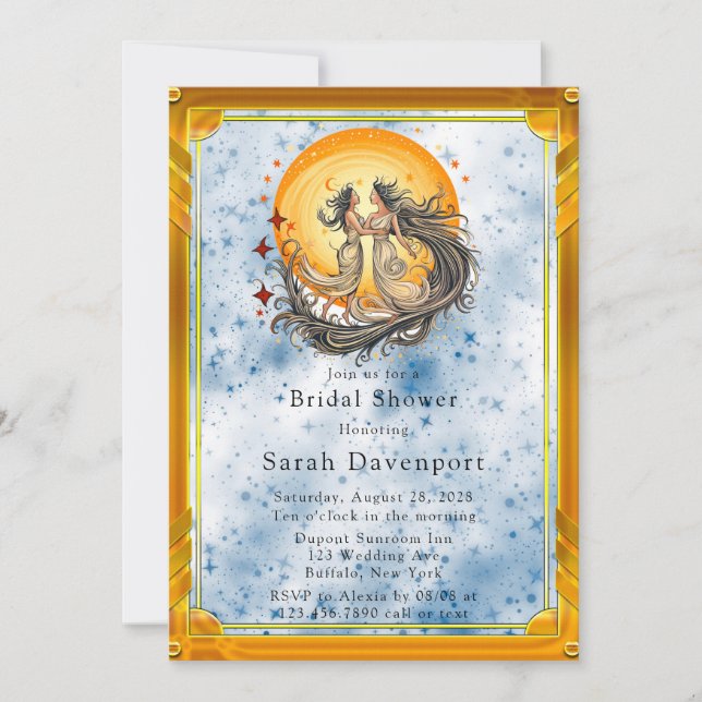 Invitación Ducha nupcial de luna azul amarillo celestial amar (Anverso)