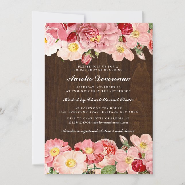 Invitación Ducha nupcial de madera de los rosas rosados (Anverso)