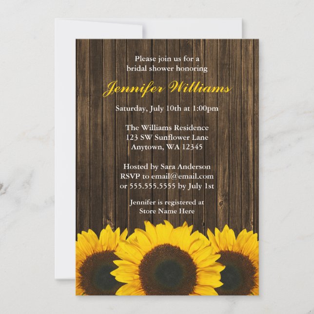 Invitación Ducha nupcial de madera del granero del girasol (Anverso)