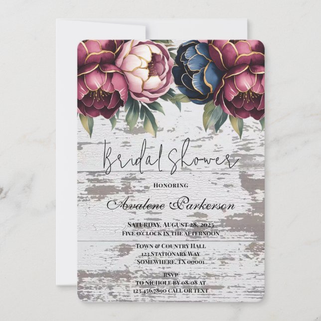 Invitación Ducha nupcial de madera rosa de borgoña marina (Anverso)