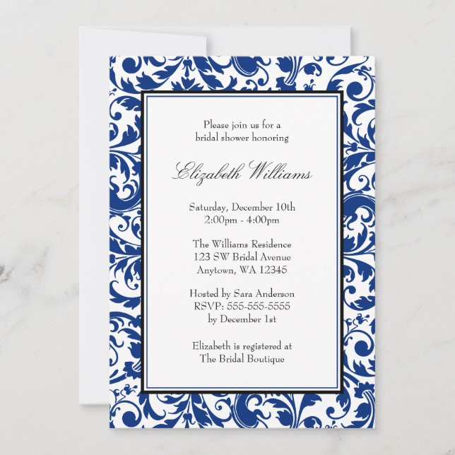 Invitación Ducha nupcial de marea azul y negra (Anverso)