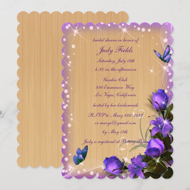 Invitación Ducha nupcial de mariposa floral rubia de madera (Anverso / Reverso)