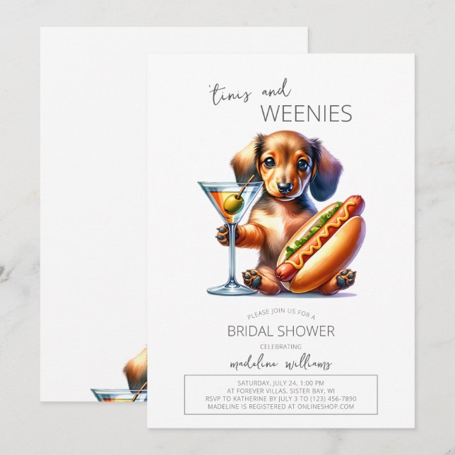 Invitación Ducha nupcial de Martinis y Weenies Dachshund (Anverso / Reverso)