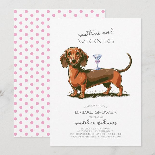 Invitación Ducha nupcial de Martinis y Weenies Dachshund (Anverso / Reverso)