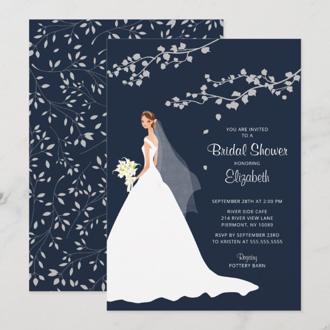 Invitación Ducha nupcial de novia azul moderna (Anverso / Reverso)
