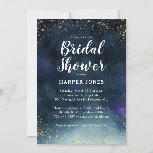 Invitación Ducha nupcial de oro azul de la marina (Anverso)