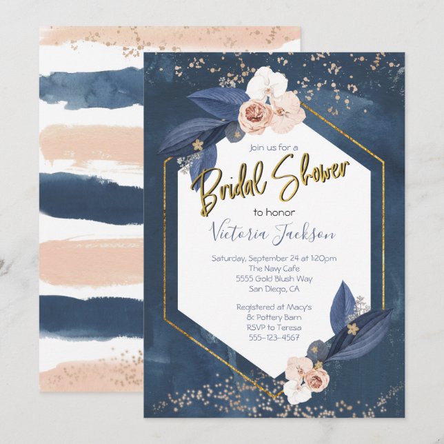 Invitación Ducha nupcial de oro de la Marina Rubor (Anverso / Reverso)