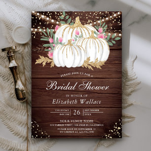 Invitación Ducha nupcial de oro y calabazas blancas de madera