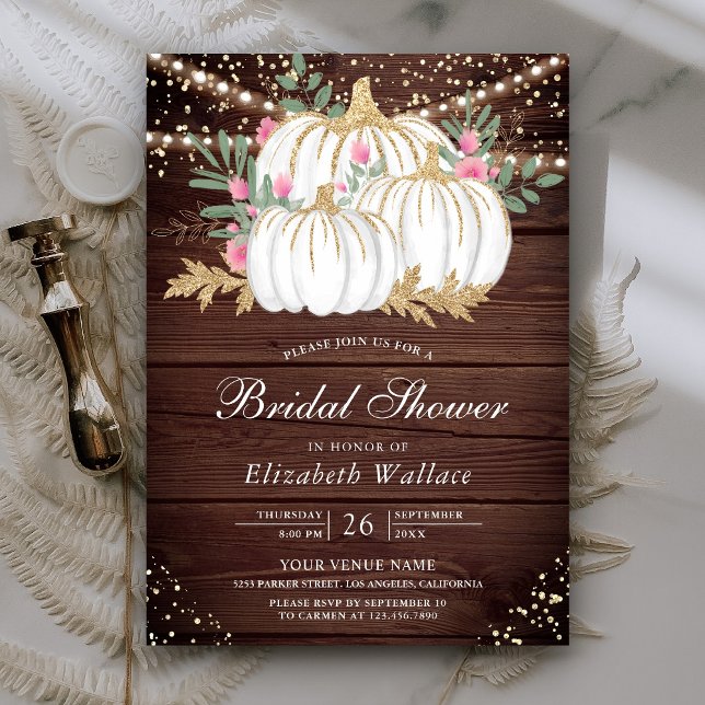 Invitación Ducha nupcial de oro y calabazas blancas de madera (Subido por el creador)