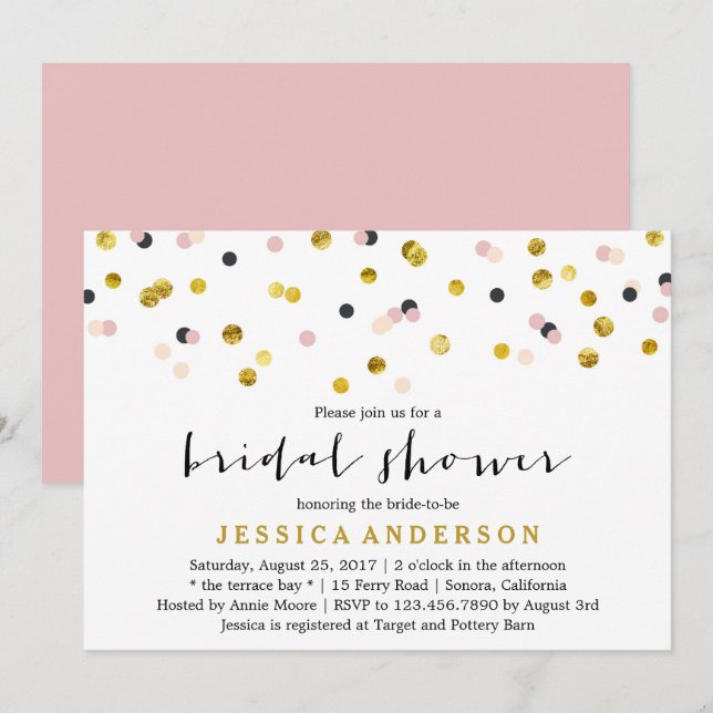 Invitación Ducha nupcial de oro y confetti rosado (Anverso / Reverso)