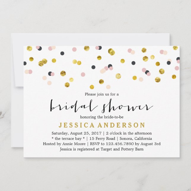 Invitación Ducha nupcial de oro y confetti rosado (Anverso)