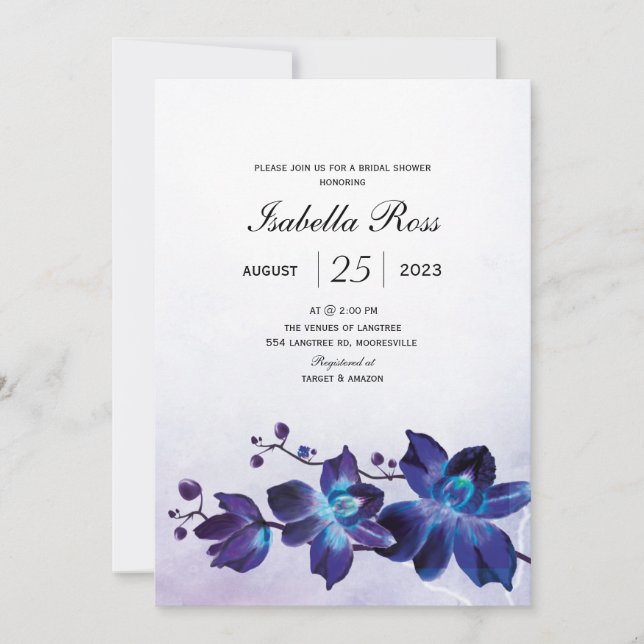 Invitación Ducha nupcial de orquídeas azules (Anverso)