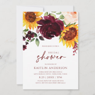 Invitación Ducha Nupcial de Otoño Girasoles Rosas Rojo Burdeo