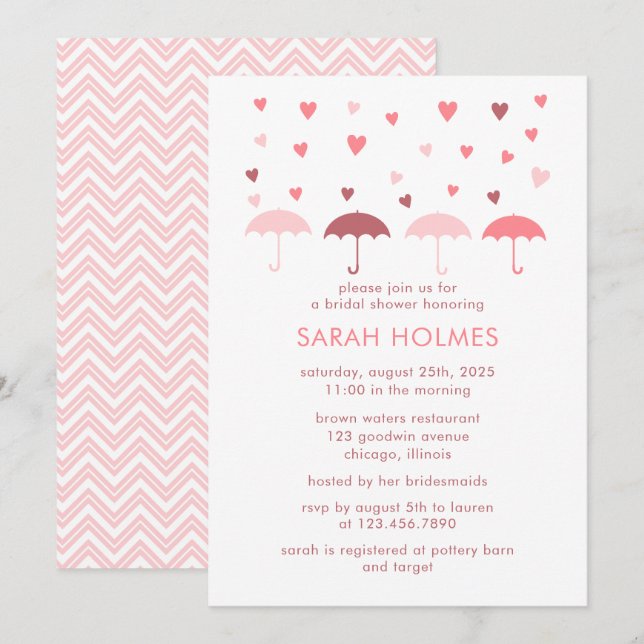 Invitación Ducha nupcial de paraguas y corazones (Anverso / Reverso)
