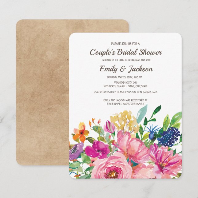 Invitación Ducha nupcial de pareja floral Kraft (Anverso / Reverso)