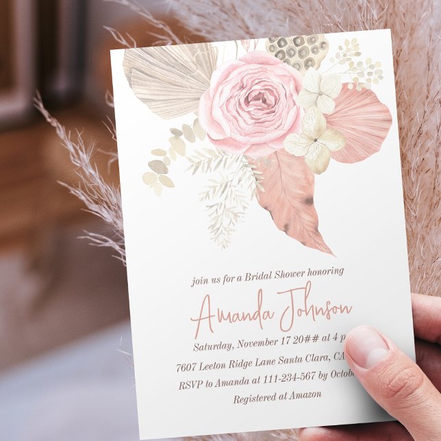 Invitación Ducha nupcial de pasto rosa rosa de la Rubor Boho (Subido por el creador)