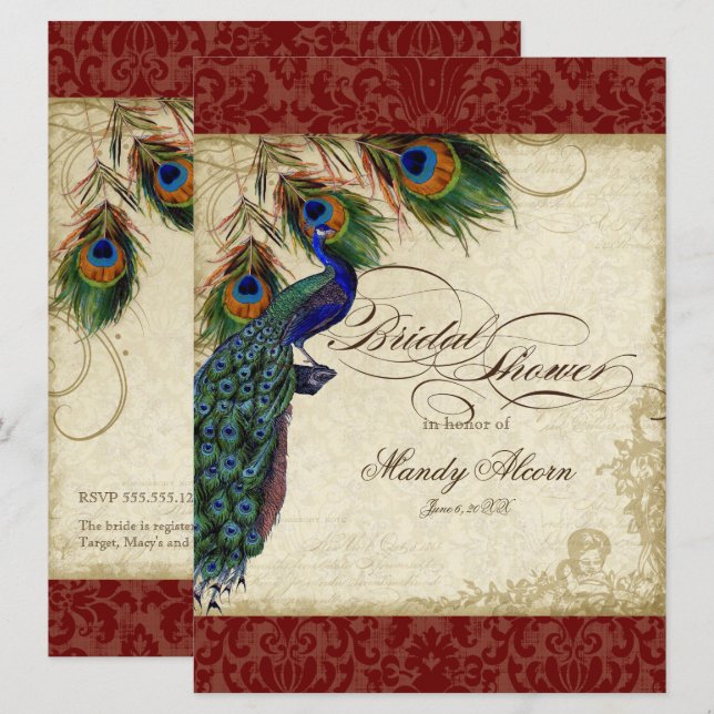 Invitación Ducha nupcial de pavo real de Borgoña (Anverso / Reverso)