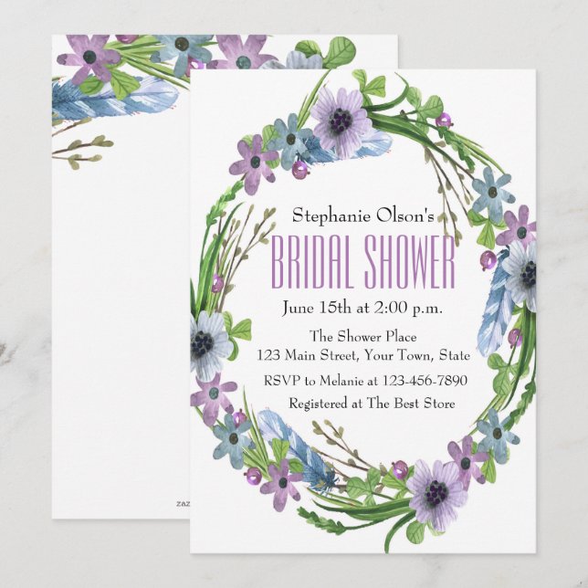 Invitación Ducha nupcial de plumas y flores (Anverso / Reverso)