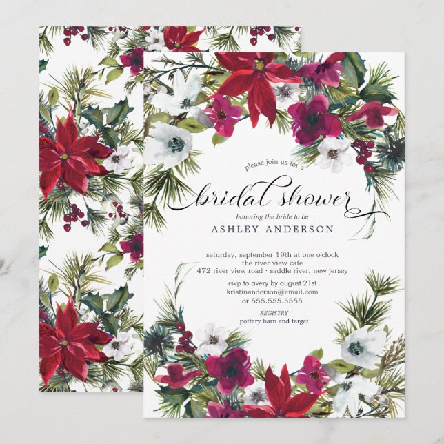 Invitación Ducha nupcial de Poinsettia roja (Anverso / Reverso)