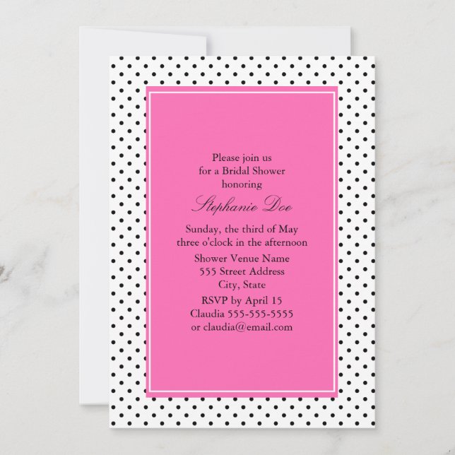 Invitación Ducha nupcial de polka negra, blanca y rosa calien (Anverso)