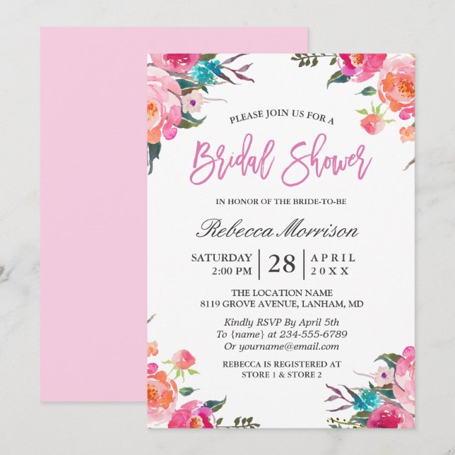 Invitación Ducha nupcial de primavera | Acuarela Floral Botán (Anverso / Reverso)