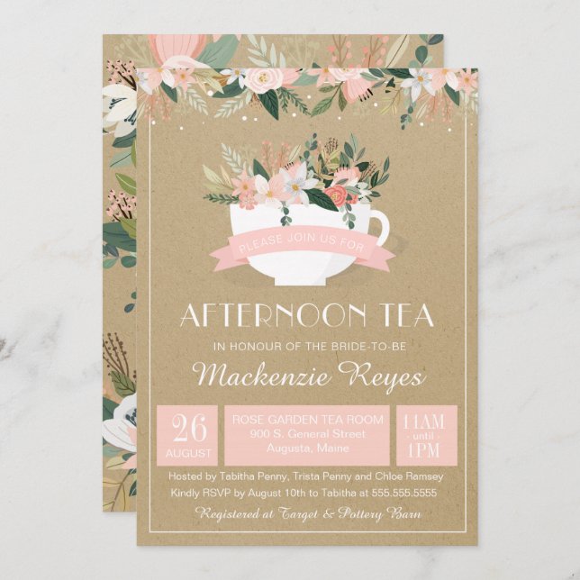Invitación Ducha nupcial de Rubor de la taza de té floral del (Anverso / Reverso)