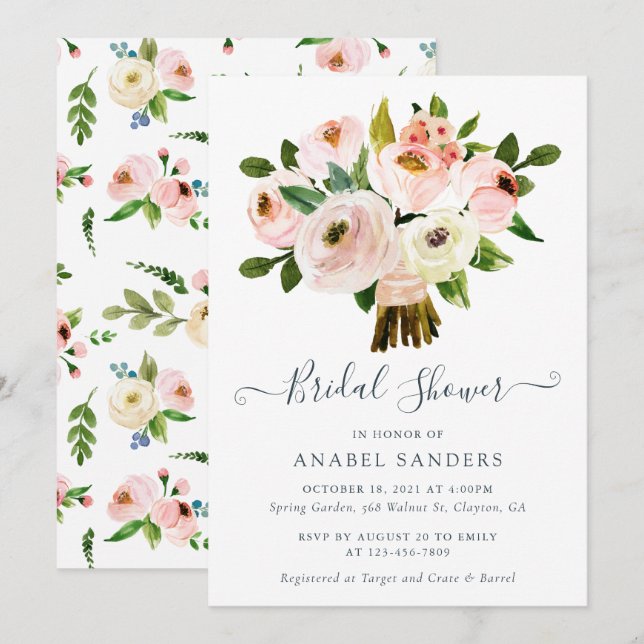Invitación Ducha nupcial de Rubor de los Peonies florales de (Anverso / Reverso)