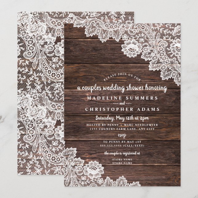 Invitación Ducha nupcial de Rustic Lace y Wood (Anverso / Reverso)