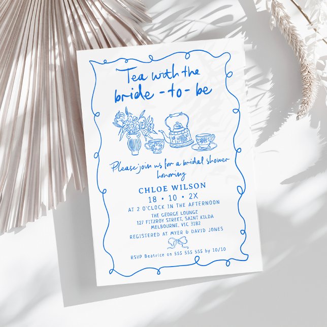 Invitación Ducha nupcial de té azul trenzado a mano (Whimsical Hand Drawn Tea Bridal Shower Invitation Blue,
Tea Bride to Be Bridal Shower, Tea cups)
