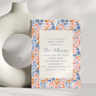 Invitación Ducha Nupcial de Terracota Azul Floral Folk Naranj