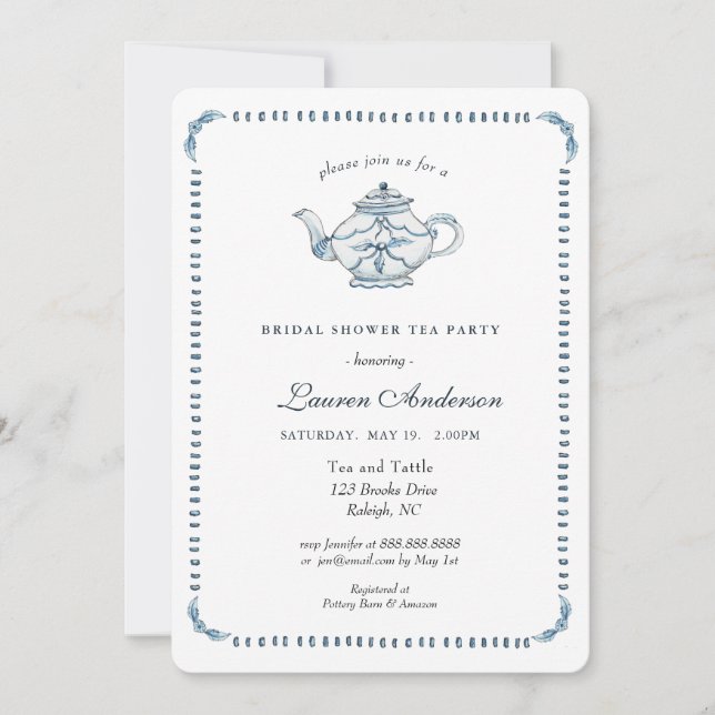 Invitación Ducha nupcial de tetera azul y blanca (Anverso)