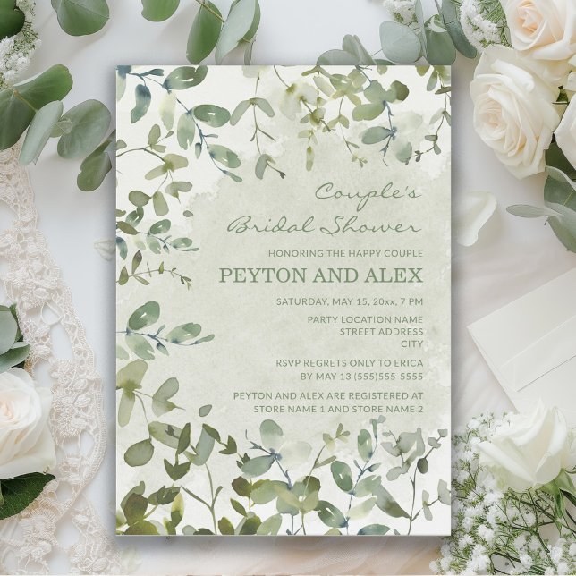 Invitación Ducha nupcial de una pareja de eucaliptos verde sa (Eucalyptus leaves bridal shower invitation)