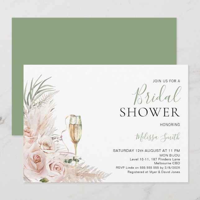 Invitación Ducha nupcial de vidrio de champán floral de Rubor (Anverso / Reverso)