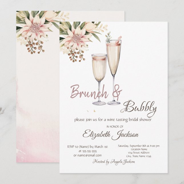 Invitación Ducha nupcial de vidrio floral de bronce y burbuja (Anverso / Reverso)