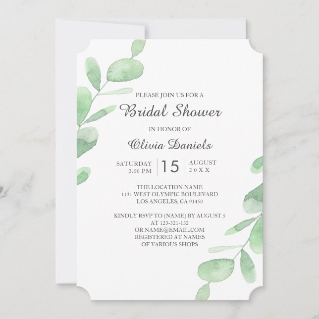 Invitación Ducha nupcial de Woodland. Hojas verdes de eucalip (Anverso)