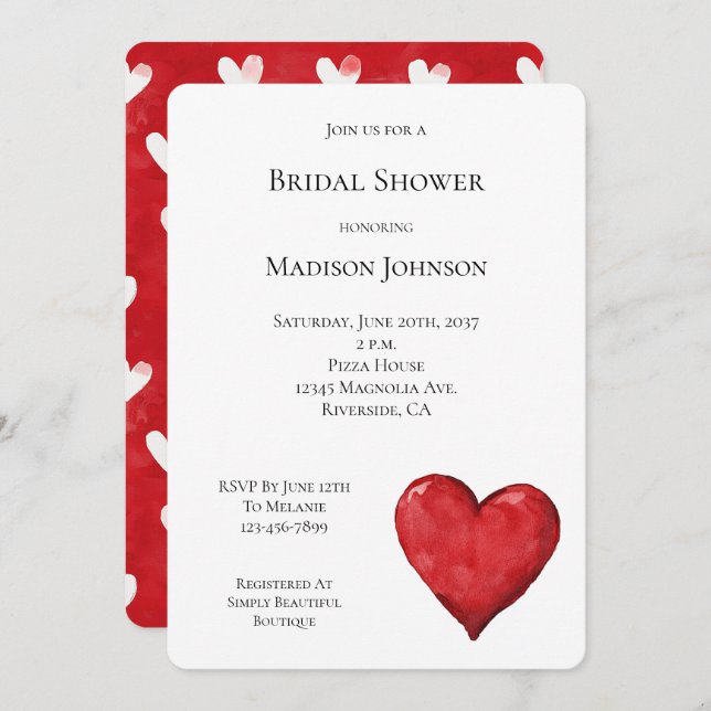 Invitación Ducha nupcial del corazón rojo (Anverso / Reverso)