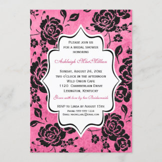 Invitación Ducha nupcial del damasco floral blanco negro