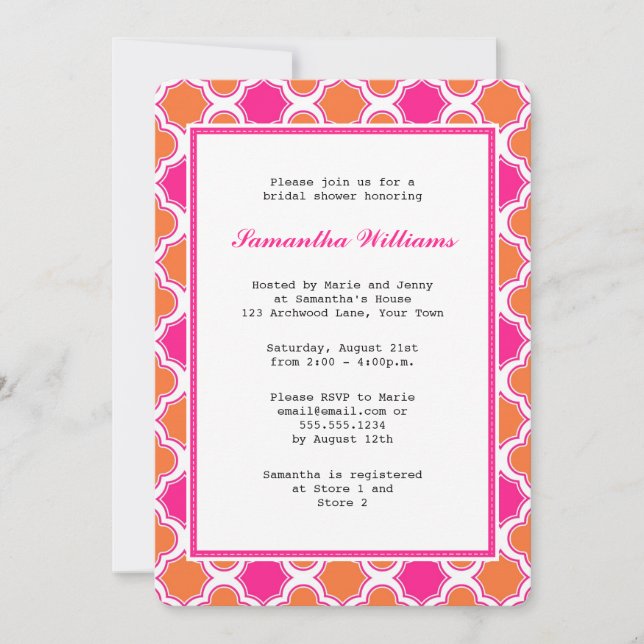 Invitación Ducha nupcial del modelo de Quatrefoil del naranja (Anverso)