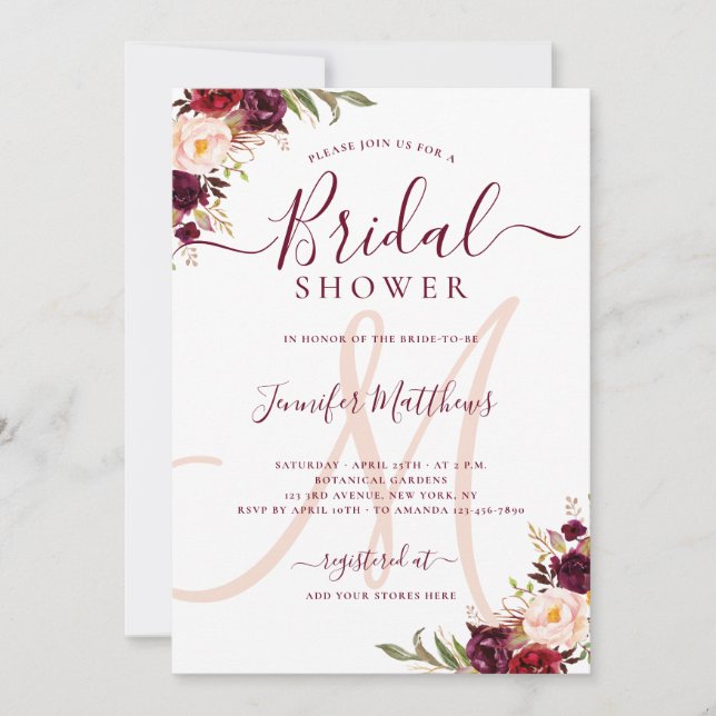 Invitación Ducha nupcial del monograma elegante floral de (Anverso)