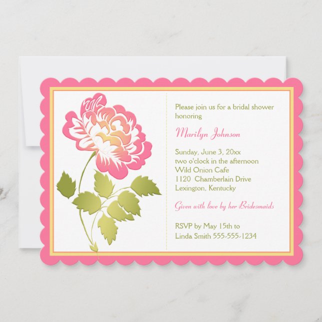 Invitación Ducha nupcial del Peony rosado, amarillo, verde, (Anverso)