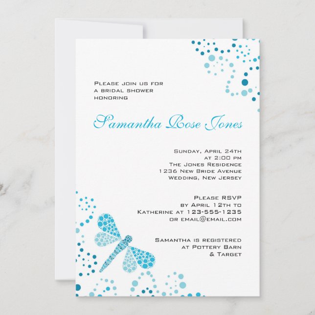 Invitación Ducha nupcial del Pointillism azul y blanco de la (Anverso)