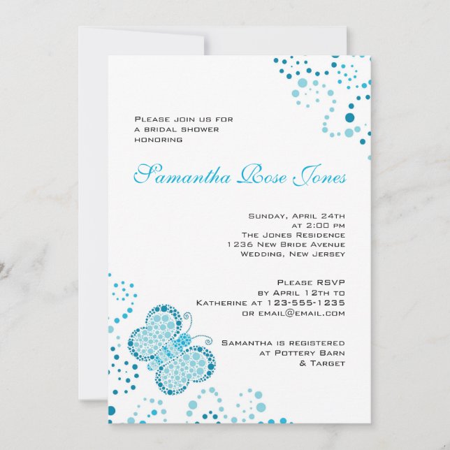 Invitación Ducha nupcial del Pointillism azul y blanco de la (Anverso)