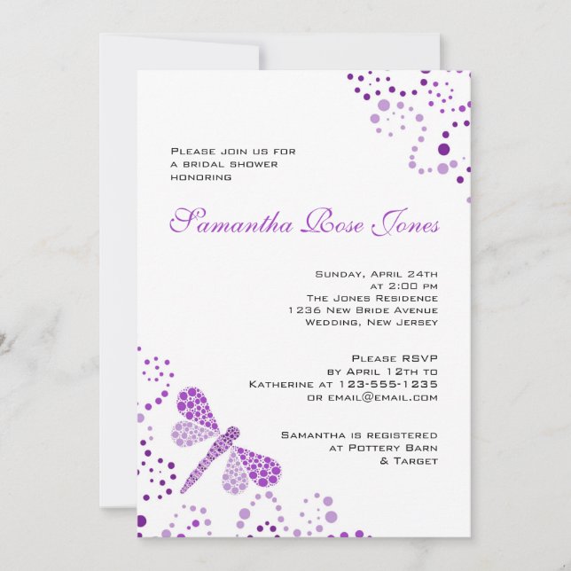 Invitación Ducha nupcial del Pointillism blanco púrpura de la (Anverso)