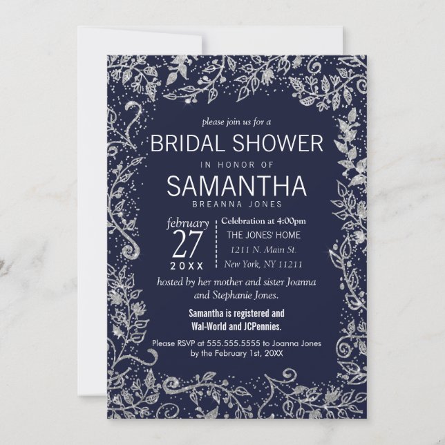 Invitación Ducha nupcial del purpurina floral de plata de los (Anverso)