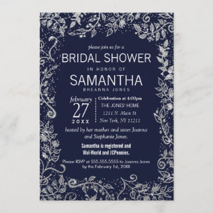 Invitación Ducha nupcial del purpurina floral de plata de los
