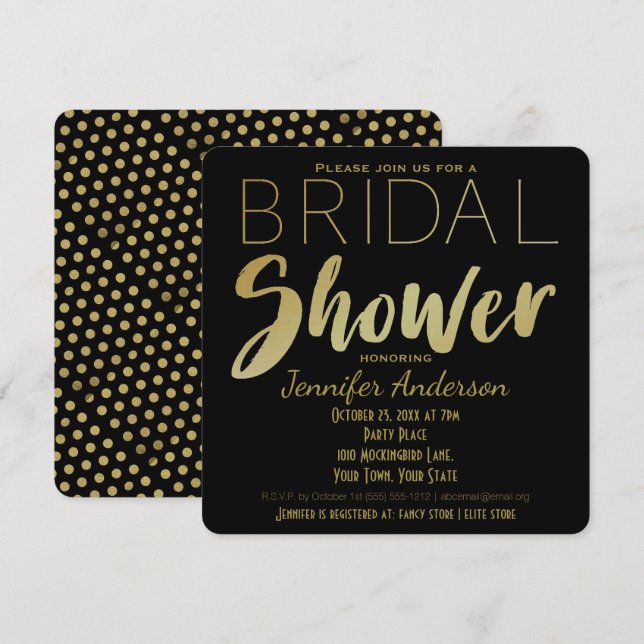 Invitación Ducha nupcial del tema del glamour dorado y negro (Anverso / Reverso)