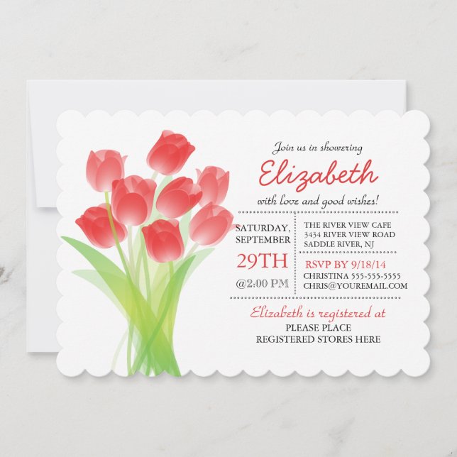 Invitación Ducha nupcial del tulipán rojo tipográfico moderno (Anverso)