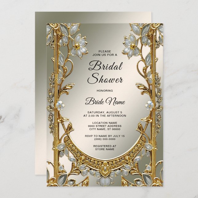 Invitación Ducha nupcial dorada con flores blancas (Anverso / Reverso)